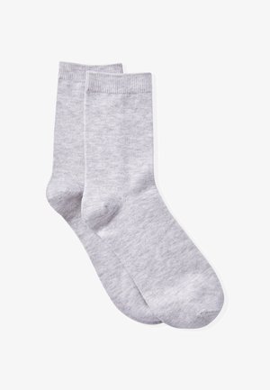 Gray cotton socks with a smooth texture, ribbed cuffs, and a classic design, showing a slight heathered pattern. No visible branding.