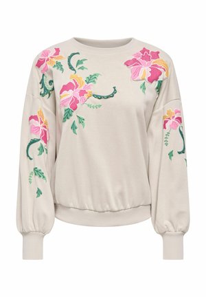 Light beige sweatshirt with floral embroidery in pink, yellow, and green, featuring a crew neck and elasticated hem and cuffs.