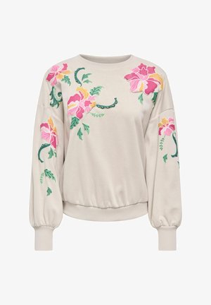 Light beige sweatshirt with floral embroidery in pink, yellow, and green, featuring a crew neck and elasticated hem and cuffs.