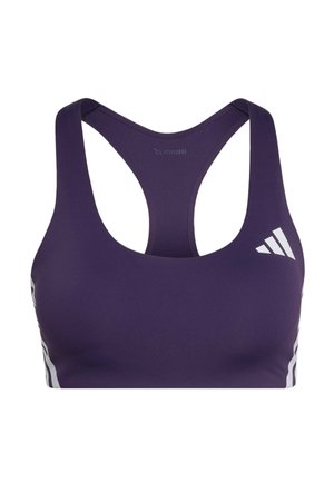 Fioletowy sportowy stanik Adidas z designem racerback, materiał ClimaCool, biały logotyp i paski po bokach.