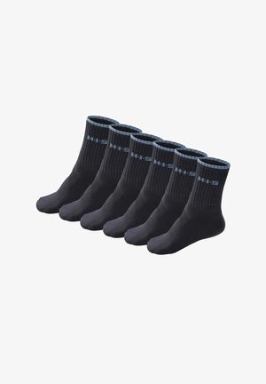 Six pairs of dark blue socks with ribbed texture and contrasting light blue cuff. Each sock features a logo on the side.