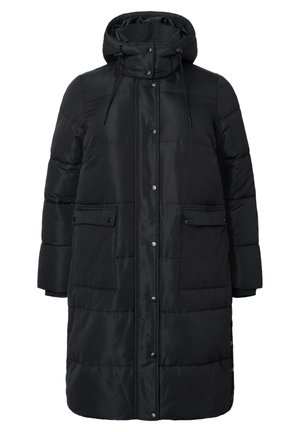 Čierna puffa bunda s kapucňou, s hladkým povrchom, prešívaným dizajnom, prednými cvokmi na zapínanie a dvoma veľkými bočnými vreckami.