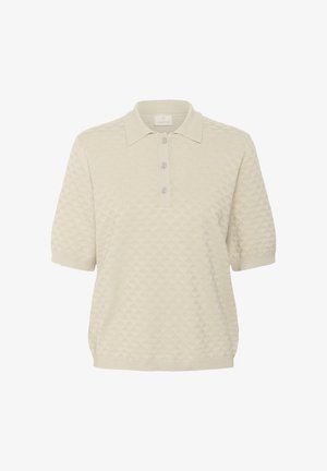 Cream-colored knitted polo shirt with short sleeves, featuring a textured diamond pattern and a three-button placket.