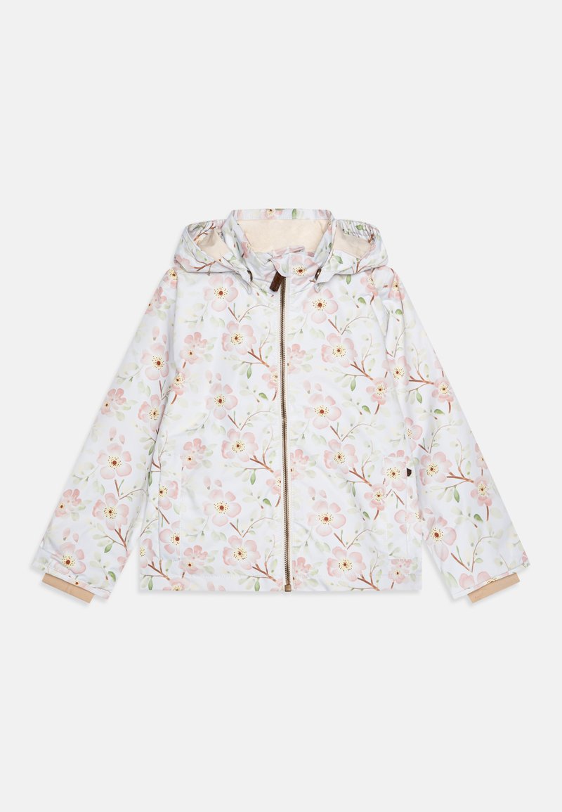 Blomstertrykt jakke med hvit bakgrunn, rosa blomster, glidelås foran og hette med elastiske detaljer og brune accenter.