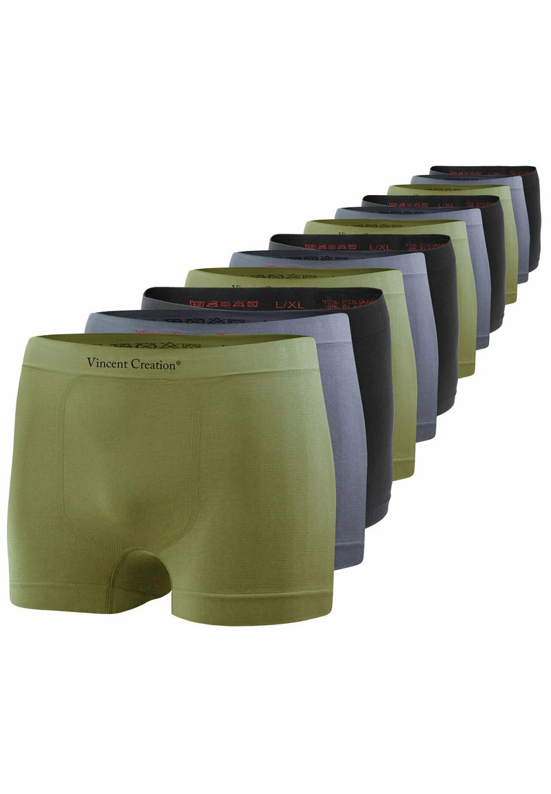 Set di boxer in vari colori tra cui verde, grigio e nero. Design semplice, vita elasticizzata con etichetta del marchio, texture liscia.