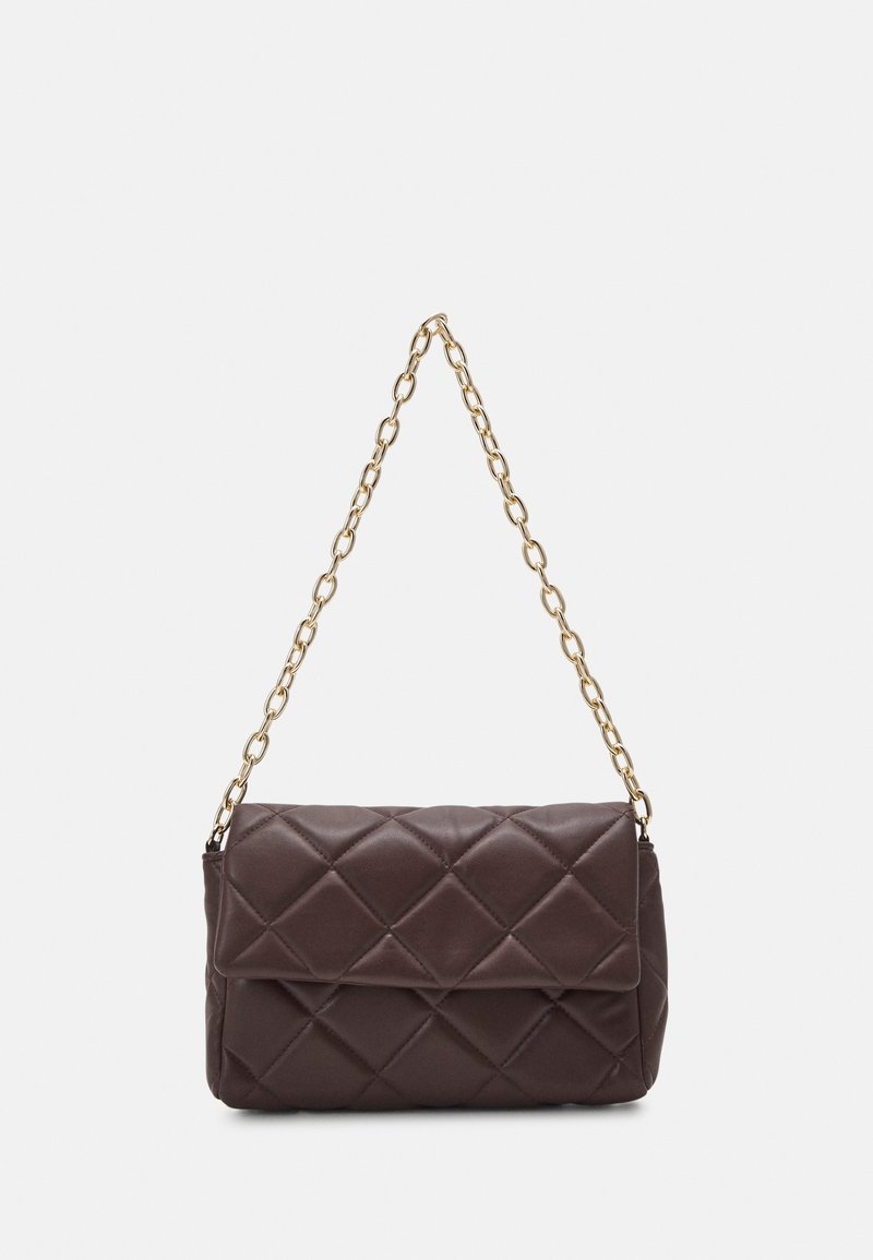 Brown quilted leather handbag with a gold chain strap. Features a rectangular shape and a fold-over flap with diamond pattern detailing.
