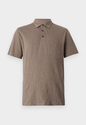 Short-sleeve polo shirt in light brown, made from soft fabric. Features a collared neckline, three buttons, and a chest pocket.