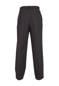 Pantalones oscuros de color gris con un diseño de pierna recta, doble pinza y un bolsillo en la parte trasera. Están hechos de una tela suave con una cintura ajustada.