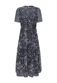 Námořnické modré midi šaty s bílým abstraktním vzorem spirál, krátkými rukávy, přiléhavým pasem a vícevrstvou sukní.