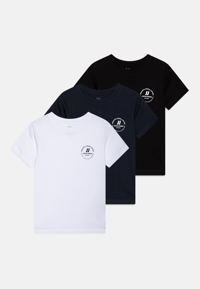 Three short-sleeve t-shirts in white, navy, and black. Each features a round logo with text on the chest. Made from soft cotton fabric.