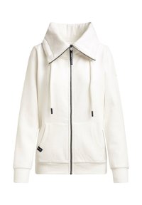 White zip-up hoodie with high collar, drawstrings, front pockets, and ribbed cuffs and hem.