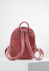 Rosa Samt-Rucksack mit abgerundetem oberen Teil, doppelten verstellbaren Tragriemen und einem kleinen Griff. Glatte Textur und subtiler Glanz mit verstärkten Nähten.