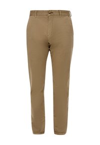 Khaki-Chinos mit geradem Schnitt, aus leichtem Baumwollstoff, mit Knopfverschluss und Vorderaschen. Glatte Textur, ohne Muster.