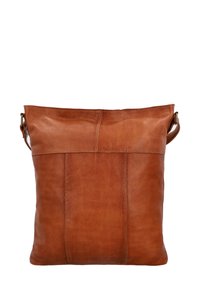 Brown leather tote bag with a soft texture, featuring a minimalist design, flat body, and a single shoulder strap. No visible hardware accents.