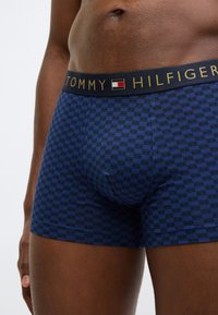 Tommy Hilfigeri meeste bokserpüksid tumedas sinises ruudulise mustriga. Elastne vöökoht on musta taustaga ja kuldse logoga.