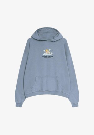 Sudadera azul con capucha y bolsillo frontal. Presenta una ilustración de un querubín con alas y el texto "No Time For Love" en fuente negrita. Material de algodón.