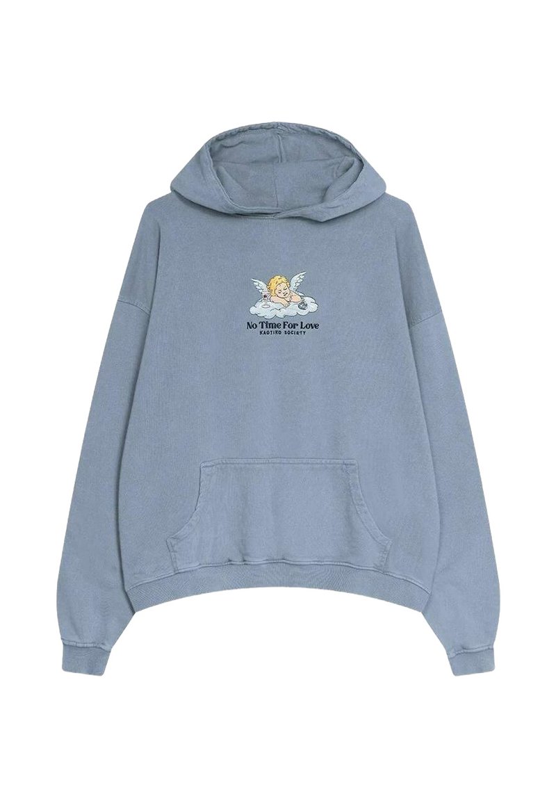 Sudadera azul con capucha y bolsillo frontal. Presenta una ilustración de un querubín con alas y el texto "No Time For Love" en fuente negrita. Material de algodón.