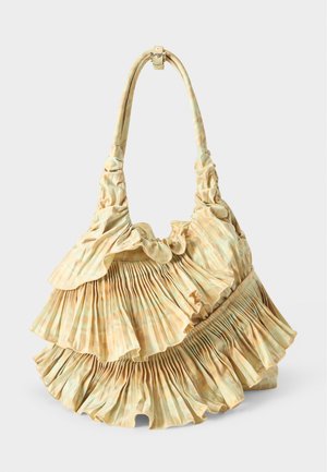 Cream and beige checkered handbag with ruffled, pleated fabric layers and a single narrow strap with buckle closure.