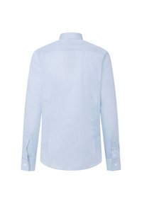 Lichtblauwe langemouwen overhemd met buttons en een puntige kraag, met een verticale streepjespatroon en knoopmanchetten. Glad stofdoek.