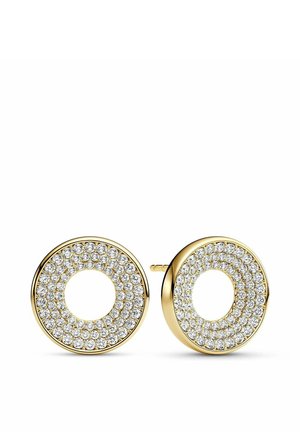 Runde øreringe i guld med flere små hvide diamanter arrangeret i koncentriske cirkler og et hul i midten.