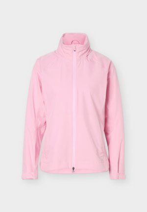 Lyserosa jakke med lange ermer, full glidelås foran og ståkrage, vist på en nøytral lys grå bakgrunn.