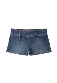 Short en jean bleu à taille haute, double rangée décorative de boutons métalliques sur le devant et détails de coutures verticales.