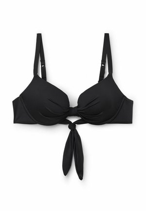 Schwarzer, gepolsterter BH mit verstellbaren Trägern und einer vorderen Knotendetail unter den Cups vor weißem Hintergrund.