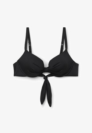 Czarny wyściełany biustonosz z regulowanymi ramiączkami i detalem wiązania z przodu pod miseczkami na białym tle.