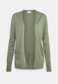 Grüne Strickjacke aus weichem Strickstoff. Verfügt über eine offene Vorderseite, lange Ärmel, zwei Vordertaschen sowie gerippte Bündchen und Saum.