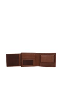 Brauner Leder Geldbeutel, Bifold-Design, mit Kreditkartenfächern, einem Ausweisfenster und einem strukturierten Innenraum. Glatte Oberfläche, robuste Nähte.