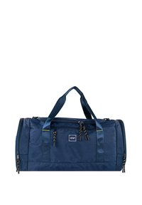 Bolsa de lona azul marino con material de nylon texturizado, asas superiores dobles, un compartimento principal con cremallera y tiradores decorativos a rayas para la cremallera.