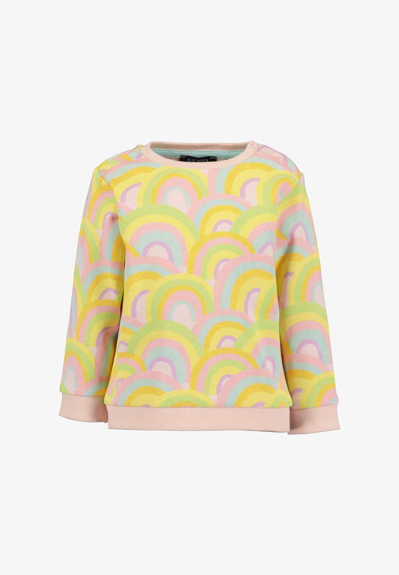 Sweat-shirt multicolore avec un motif arc-en-ciel répétitif dans des tons pastel de jaune, rose, vert et violet. Matière douce avec un col rond.