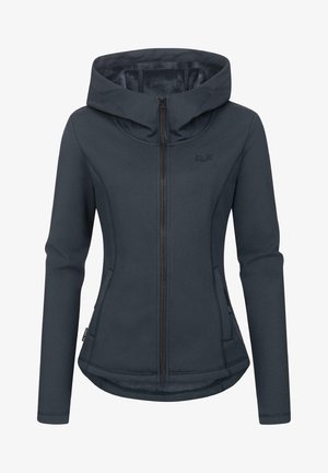 Kapuzenshirt aus dunkelgrauem, glattem Stretchstoff. Verfügt über einen Reißverschluss vorne, zwei seitliche Taschen und ein dezentes Logo auf der Brust.
