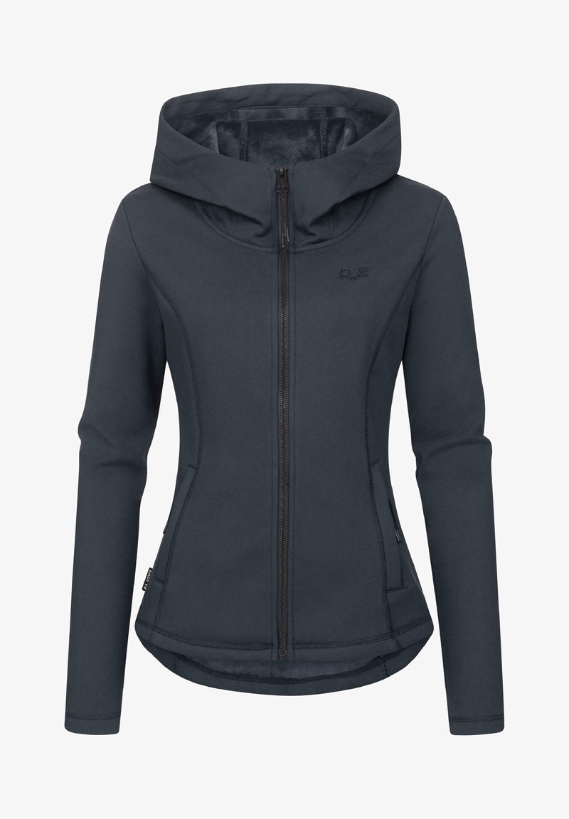 Hooded, donkergrijze jas van gladde, rekbare stof. Voorzien van een ritssluiting aan de voorkant, twee zijzakken en een subtiel logo op de borst.