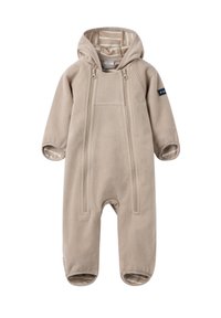 Beige fleece heldragt med hætte, frontlynlås og ribbede manchetter. Stribet foring synlig indeni hætten. Blød tekstur.