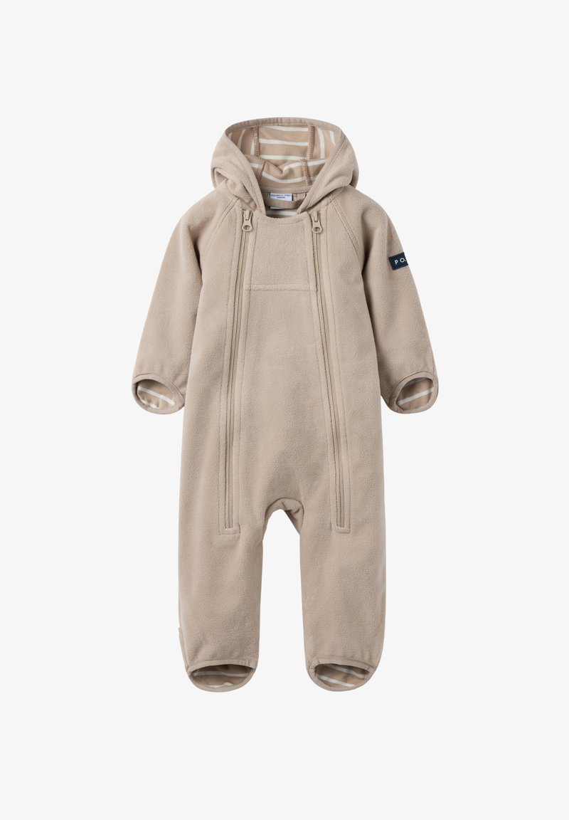 Beige fleece one-piece suit with a hood, front zippers, and ribbed cuffs. Striped lining visible inside the hood. Soft texture.