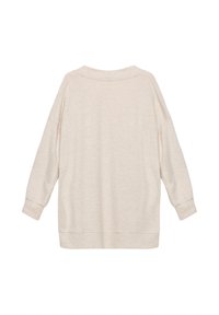Jasno beżowy, oversize sweter z okrągłym dekoltem, opadającymi ramionami i długimi rękawami. Miękka, teksturowana tkanina z żeberkowymi mankietami i dół.