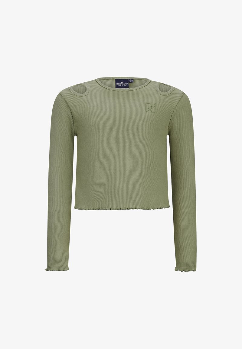 Light green, ribbed long-sleeve top with a cropped design. Features round neckline, frayed hem, and shoulder accents. Subtle logo detail.