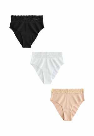 Kolm naiste kõrge vöökohaga aluspüksid mustas, valges ja beežis, igaühel lai pitsiline vöökoht valgel taustal.