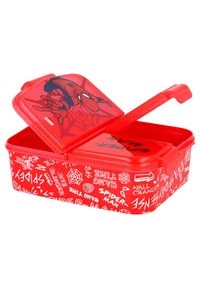 Scatola di plastica rossa per la conservazione con coperchio a cerniera, caratterizzata da un grafico di Spider-Man e testo bianco. Finitura liscia, forma rettangolare, maniglia ergonomica.