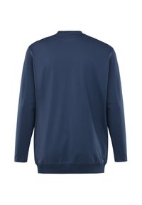 Felpa a maniche lunghe blu navy con scollatura rotonda e orlo a costine. Texture liscia, design semplice e senza motivi o accenti visibili.