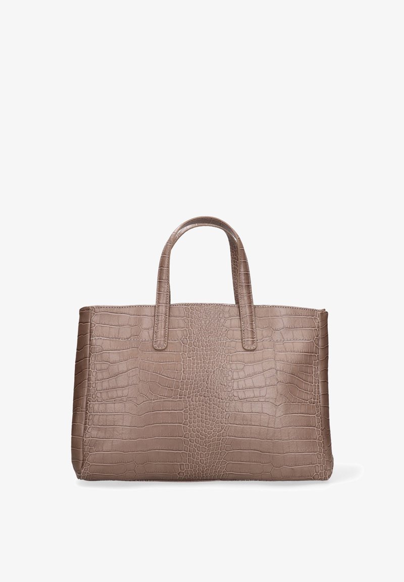 Sac à main taupe avec texture embossée crocodile, forme rectangulaire et deux poignées supérieures robustes sur fond blanc.