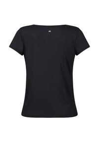 Svart kortärmad t-shirt med rund hals, tillverkad av mjuk bomull, har en liten logotyp vid nacklinningen bak. Enkel, slät textur.