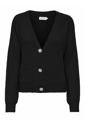 Cardigan noir en tricot avec manches longues, col en V et trois boutons argentés décoratifs sur le devant.