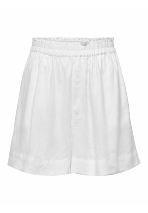 Bílé lněné šortky s elastickým pasem a volným střihem. Mají hladkou texturu a manžety na koncích pro zvýraznění detailu.