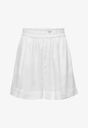 Baltos lininės šortai su elastinga juosmeniu ir laisvu siluetu. Ypatingai glotnus audinys ir supjaustyti kraštai suteikia papildomą detalumą.