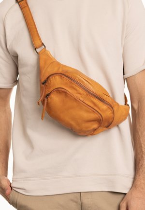Borsa a tracolla in pelle marrone con due scomparti con zip, design curvo e tracolla piatta, indossata sul corpo su uno sfondo chiaro.
