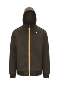 Felpa con zip marrone, con collo alto e cappuccio. Presenta una zip multicolore e un piccolo logo sul petto sinistro. Polsini e orlo a coste.