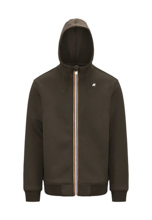 Felpa con zip marrone, con collo alto e cappuccio. Presenta una zip multicolore e un piccolo logo sul petto sinistro. Polsini e orlo a coste.