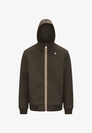 Felpa con zip marrone, con collo alto e cappuccio. Presenta una zip multicolore e un piccolo logo sul petto sinistro. Polsini e orlo a coste.